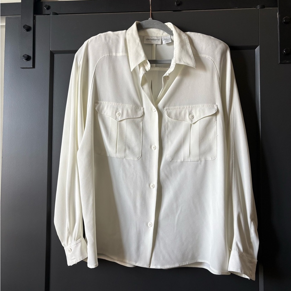 Liz Claiborne Drapy Light Cream Collared Blouse